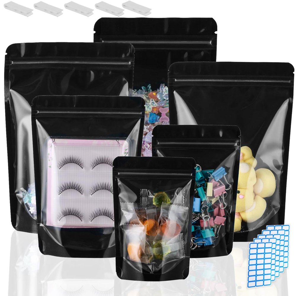 200 Mylar Bags for Food Storage 6X9 Mylar Bags with Window Large Candy Packaging Resealable Bags Black Stand Up Pouches Edible Packaging for Small Business