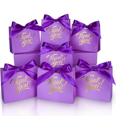 DOYIDE 100 Pack Small Thank You Gift Bags, 4.5x1.8x3.9in Party Favor Bags Boxes with Bow Ribbon, Small Paper Gift Bags with Gold Foil Printed, Mini Candy Treat Bags for Birthday Wedding Party Holiday