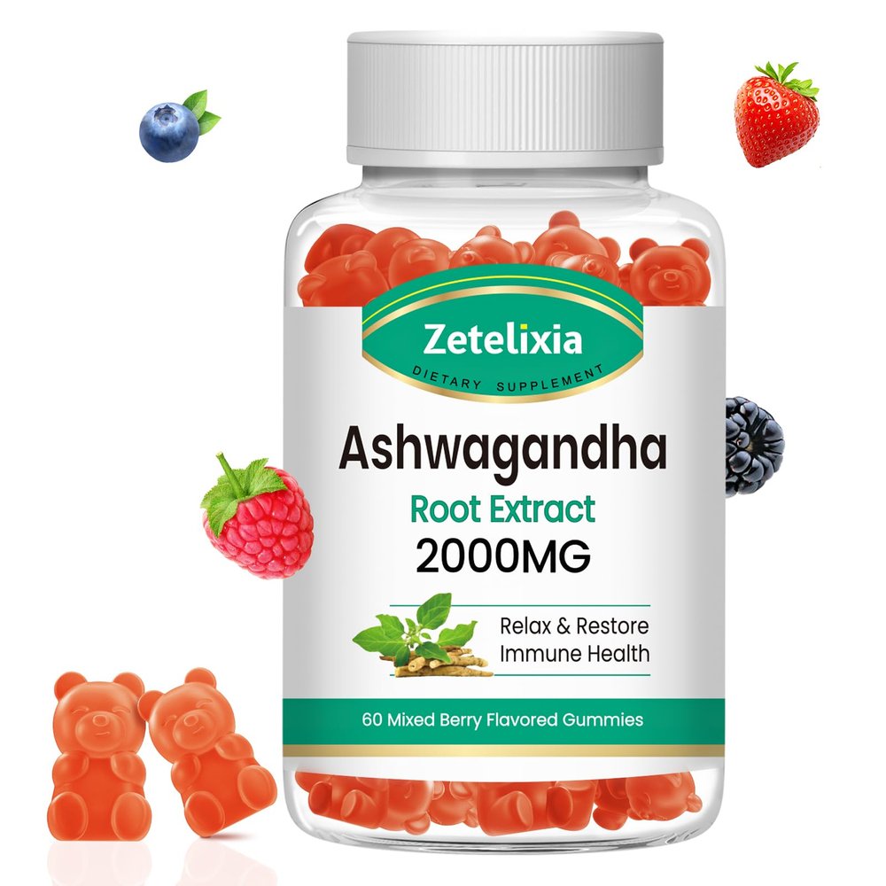 Zetelixia Ashwagandha Gummies, Extra Strength Vitamin D3, Organic Ashwa Root Extract Supplement for Calm Mood Relaxation & Immune Support, Mixed Berry Vegan Sugar Free Chews 60 Count