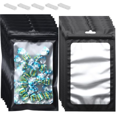 100 PCS 10x15 Mylar Bags with Window 1 Gallon Resealable Packaging Smell Proof Mylar Bags for Food Storage, Resealable Packaging Bag for Candy, Cookies and Small Jewelry, Matte Black