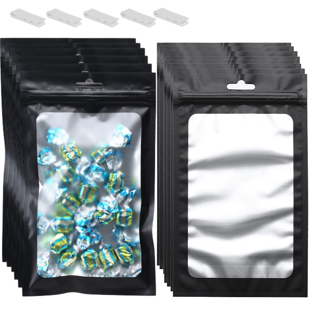 100 PCS 10x15 Mylar Bags with Window 1 Gallon Resealable Packaging Smell Proof Mylar Bags for Food Storage, Resealable Packaging Bag for Candy, Cookies and Small Jewelry, Matte Black