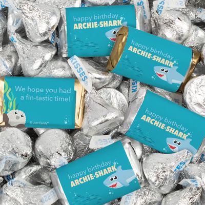 116 Pcs Personalized Blue Shark Kid's Birthday Candy Party Favors Wrapped Miniatures and Kisses (1.50 lbs)
