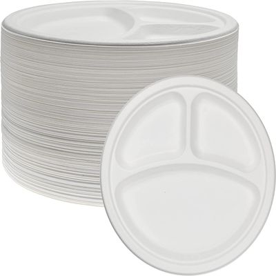 100 Pack 10 INCH 3 COMPARTMENTS Bagasse Plates 100% Disposable 3 Compartment Plates Eco-Friendly Disposable (100 Pack) (100 Pack)