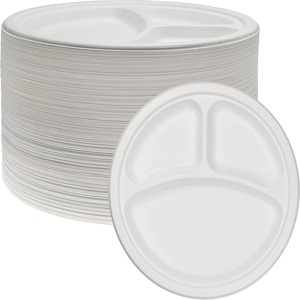 100 Pack 10 INCH 3 COMPARTMENTS Bagasse Plates 100% Disposable 3 Compartment Plates Eco-Friendly Disposable (100 Pack) (100 Pack)