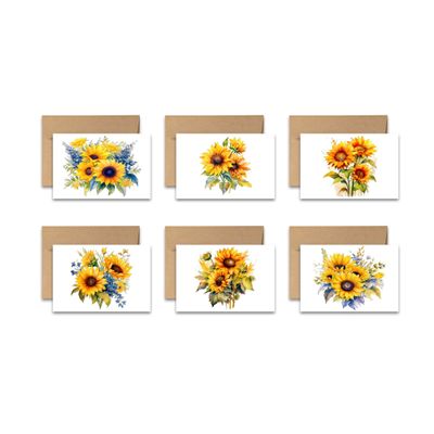 Aria Rae Design Assorted Flat Notecards, Watercolor Sunflower note cards, Set of 12 with envelopes, Sun flower, stationery, greeting card, handmade cards, blank on backside