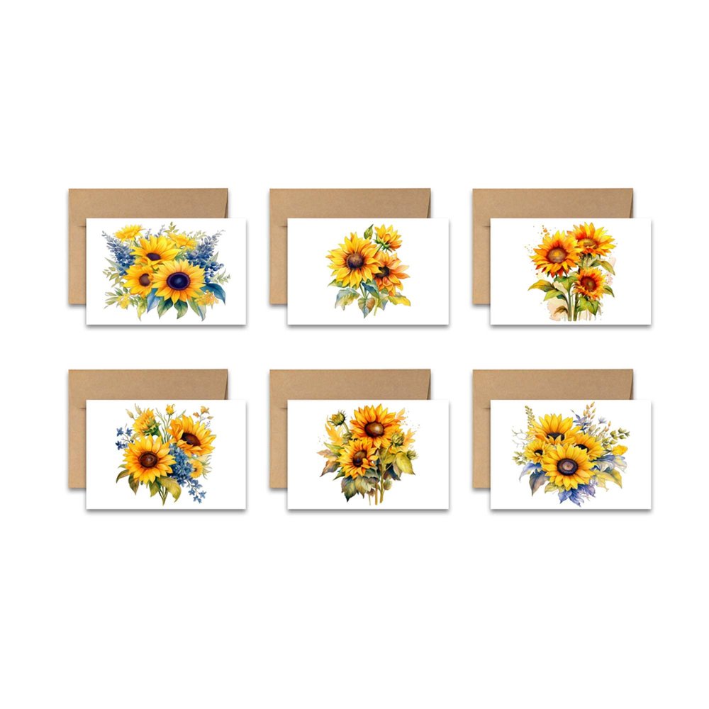 Aria Rae Design Assorted Flat Notecards, Watercolor Sunflower note cards, Set of 12 with envelopes, Sun flower, stationery, greeting card, handmade cards, blank on backside