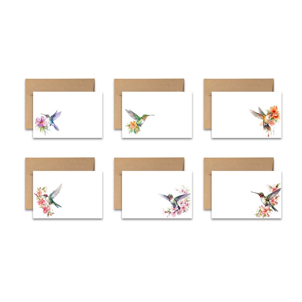 Aria Rae Design Assorted Flat Notecards, Hummingbird note cards, Set of 12, blank on backside, stationery set, greeting card set, cards with envelopes, greeting card