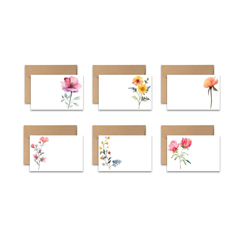 Aria Rae Design Assorted Flat Notecards, Flower note cards, Set of 12, blank on backside, stationery set, greeting card set, cards with envelopes, all occasion cards, blank cards