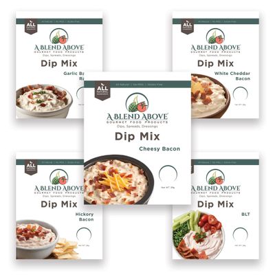 A Blend Above Bacon Lovers Dip Mix, 5 packets - Hickory Bacon, White Cheddar Bacon, BLT, Cheesy Bacon, and Garlic Bacon Ranch, 1 oz. Each, Makes 16 Ounces, Gluten-Free, No MSG, All Natural, No Preservatives, Vegan Friendly, Keto Friendly, Vegetable D