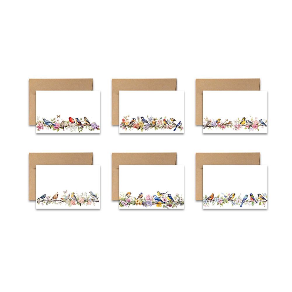 Aria Rae Design Assorted Flat Notecards, Bird on a Vine Greeting cards, Set of 12, blank on backside, stationery set, greeting card set, note cards with envelopes