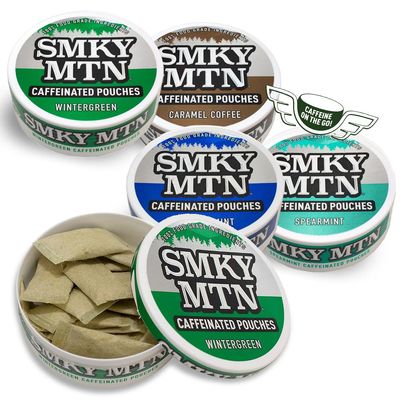 Smokey Mountain Caffeinated Pouches - 5 Can Sampler Pack - 2 Wintergreen and 1 Each of Arctic Mint, Spearmint and Caramel Coffee - 15 Pouches Per Can