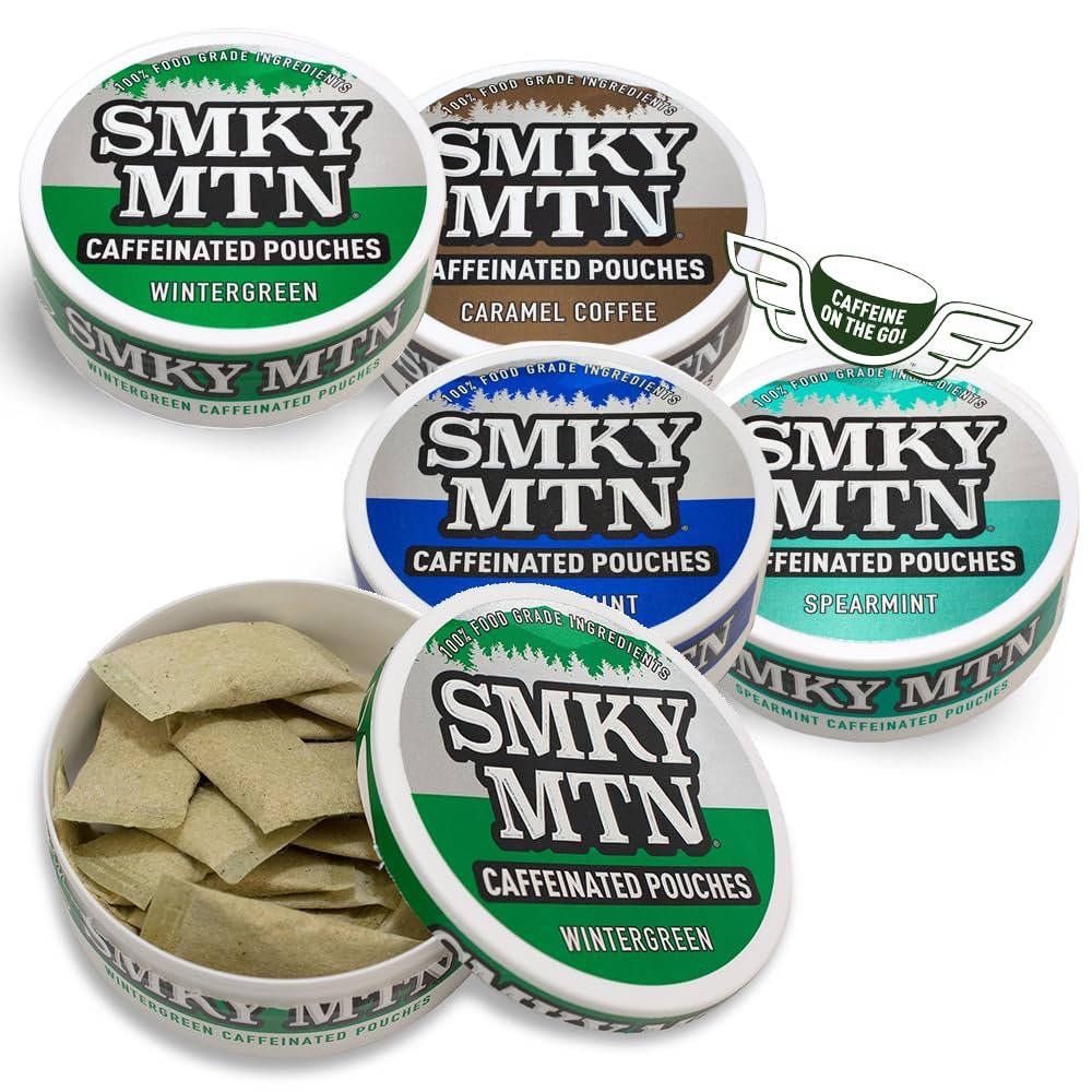 Smokey Mountain Caffeinated Pouches - 5 Can Sampler Pack - 2 Wintergreen and 1 Each of Arctic Mint, Spearmint and Caramel Coffee - 15 Pouches Per Can