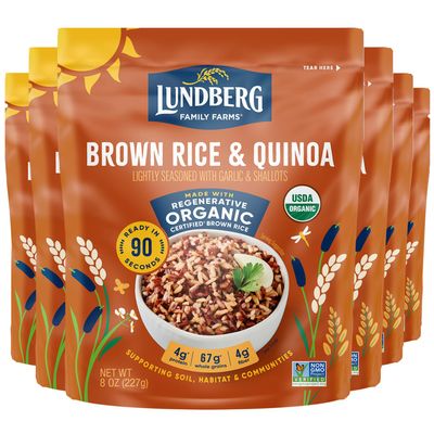 Lundberg Brown Rice & Quinoa, Ready in 90 Seconds, 6-Pack Regenerative Organic Certified Brown Jasmine Rice, Organic Quinoa, Microwavable, Lightly Seasoned with Garlic & Shallots, 8 Oz Ea