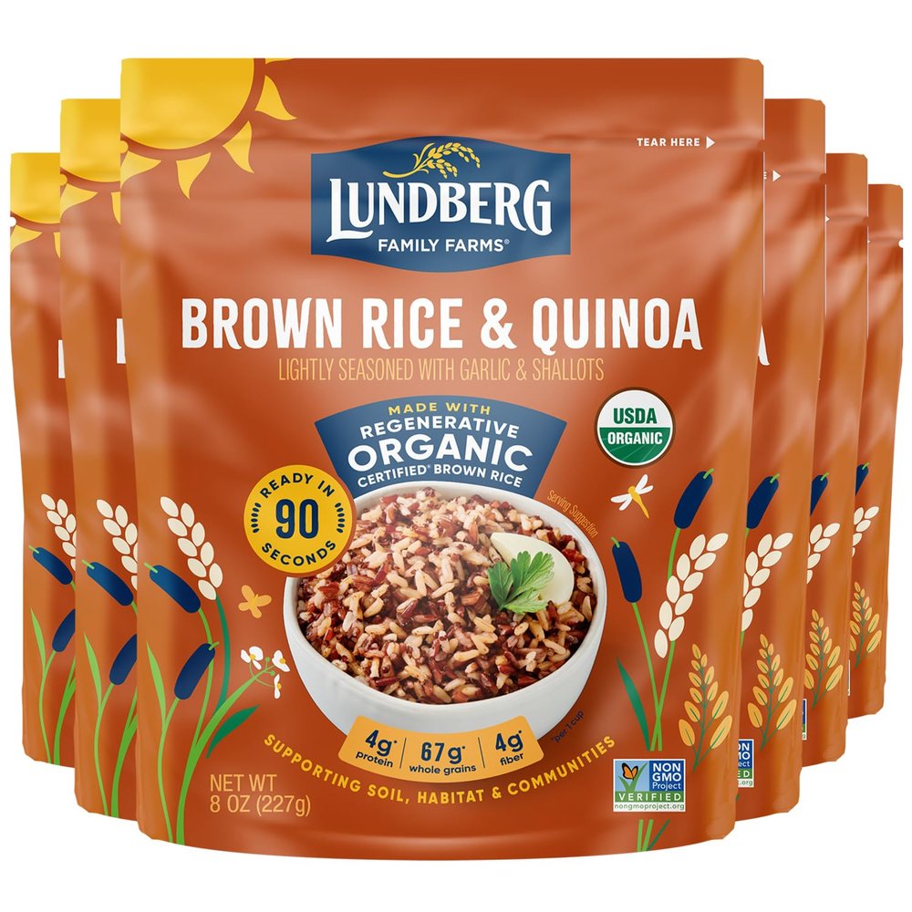 Lundberg Brown Rice & Quinoa, Ready in 90 Seconds, 6-Pack  Regenerative Organic Certified Brown Jasmine Rice, Organic Quinoa, Microwavable, Lightly Seasoned with Garlic & Shallots, 8 Oz Ea