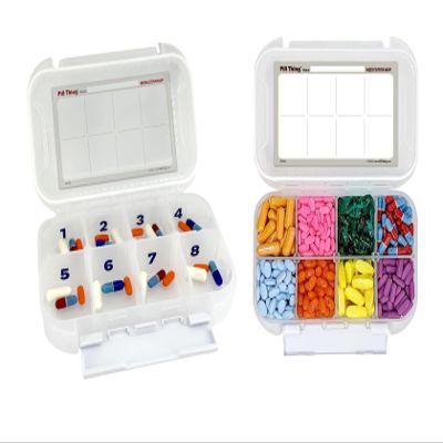 8 Time a Day Travel Sized Pill Case with Large Compartments and Airtight Seal, Adjustable Dividers, Silicone Gasket Waterproof Med Box, Numbered Stickers and Medication Map (Clear, 2 Pack)