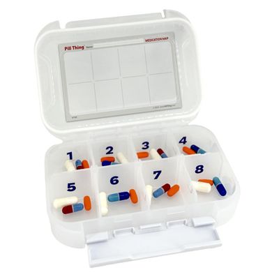 8 Time a Day Travel Sized Pill Case with Large Compartments and Airtight Seal, Adjustable Dividers, Silicone Gasket Waterproof Med Box, Numbered Stickers and Medication Map (Clear, 1 Pack)