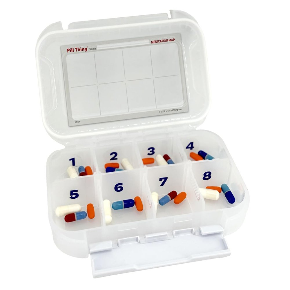 8 Time a Day Travel Sized Pill Case with Large Compartments and Airtight Seal, Adjustable Dividers, Silicone Gasket Waterproof Med Box, Numbered Stickers and Medication Map (Clear, 1 Pack)