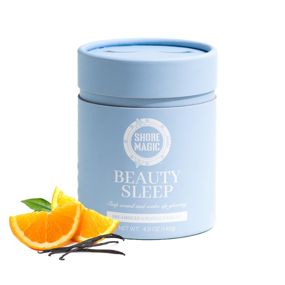 Shore Magic Beauty Sleep with Premium Marine Collagen  Hydrolyzed Type I-IV Peptides with Magnesium & L-Theanine, Promotes Relaxation & Restful Sleep, Orange-Vanilla Flavor, Sugar-Free,Melatonin-Free
