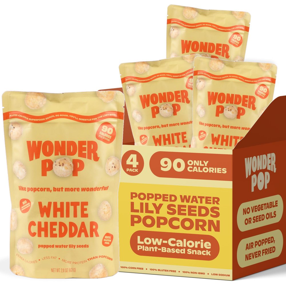 WonderPop White Cheddar  Popped Water Lily Seeds (4-Pack) | Savory, 6g Protein, 90 Calorie, Gluten-Free, Non-GMO | High-Protein Crunchy Snack | 2.11oz Bags