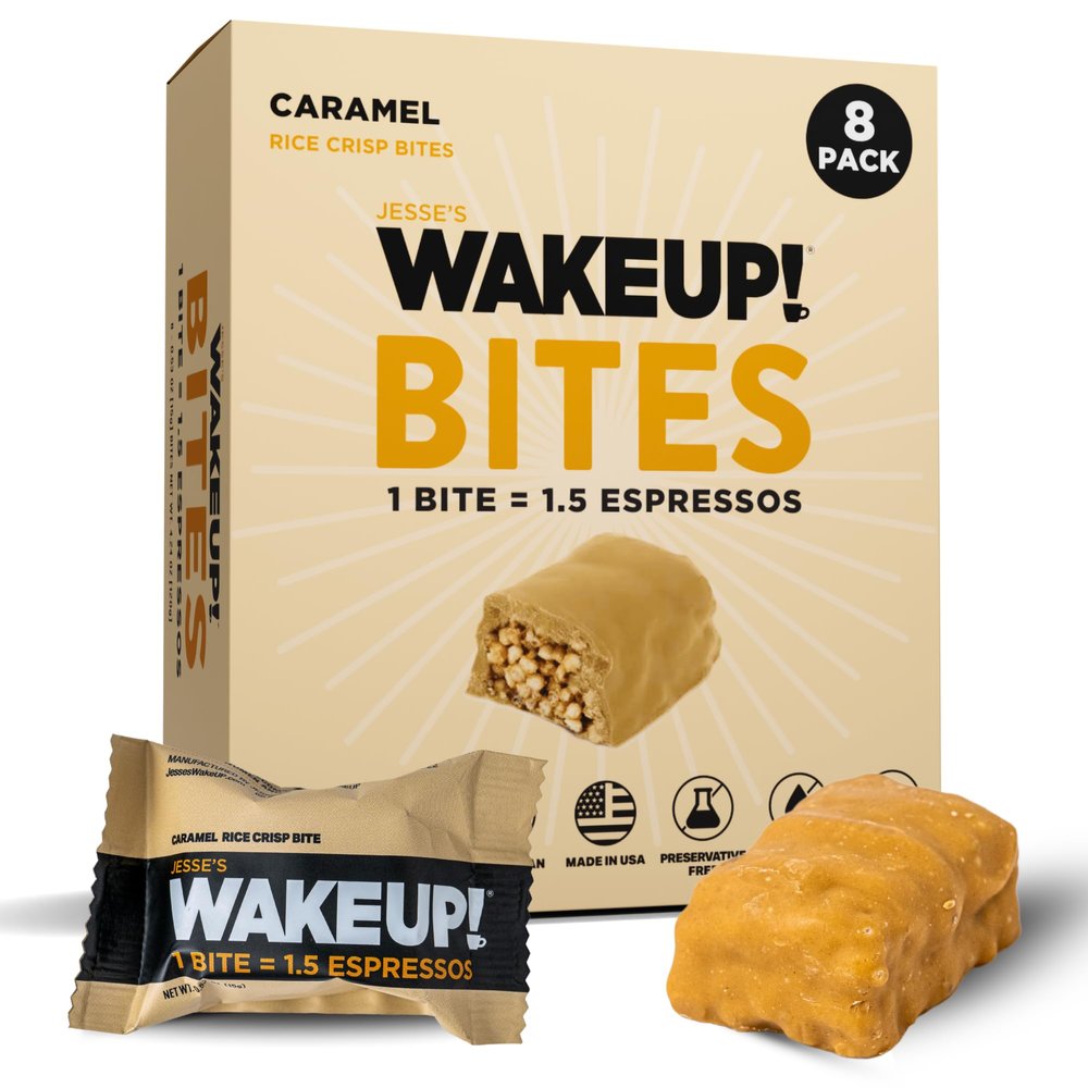 WAKE UP! Caramel Caffeinated Protein Bites (1 Bite = 1.5 Espressos) 175mg Clean Caffeine for Energy, Focus & Happy Mornings Gluten-Free, Kosher Ingredients, Vegetarian, Energy 8 Pack