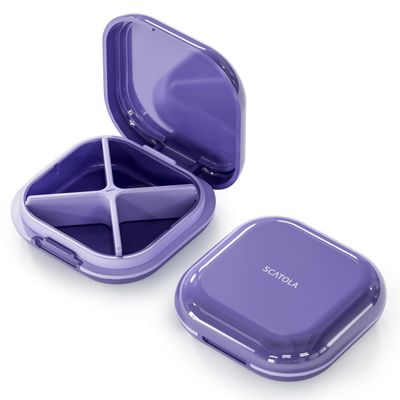 ONTERATE Small Pill Case, Travel Pill Organizer, Small Pill Box, Pill Container for Purse 4 Compartments, Daily Compact Travel Medicine Holder for Vitamins Medication (Purple)