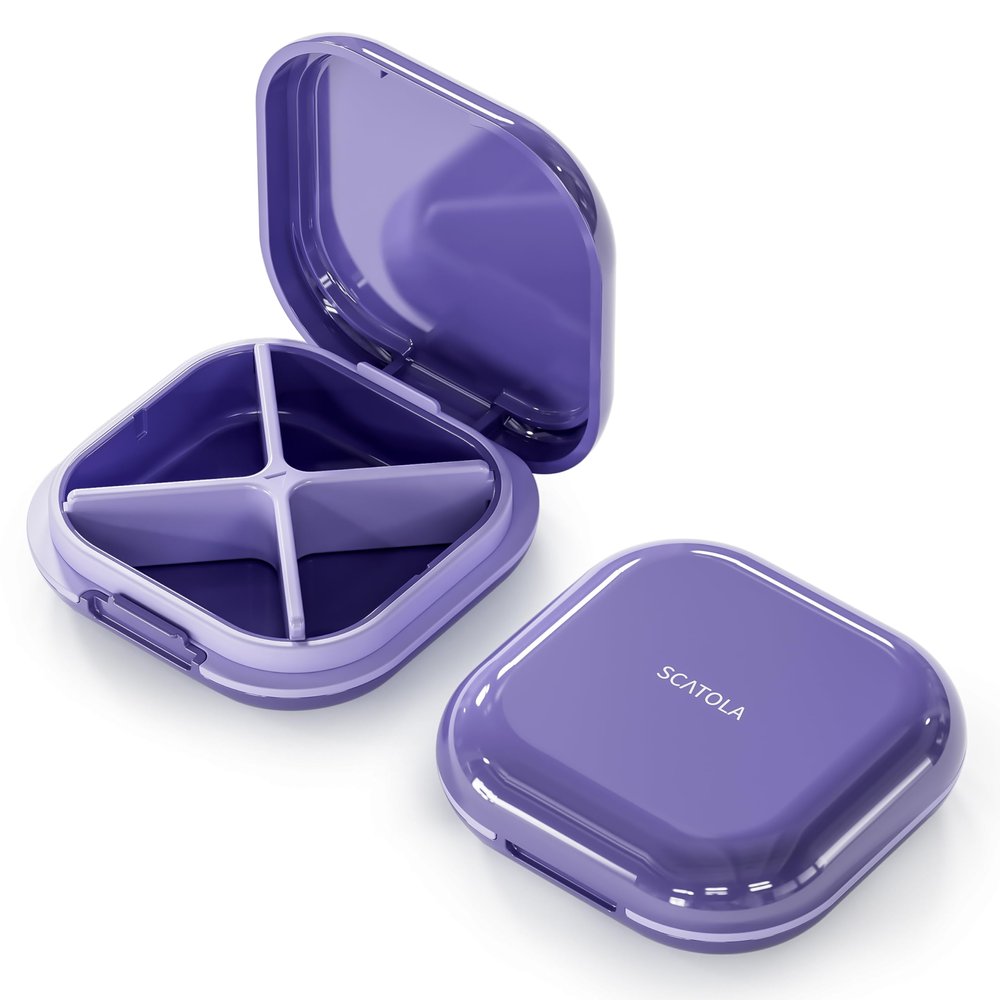 ONTERATE Small Pill Case, Travel Pill Organizer, Small Pill Box, Pill Container for Purse 4 Compartments, Daily Compact Travel Medicine Holder for Vitamins Medication (Purple)