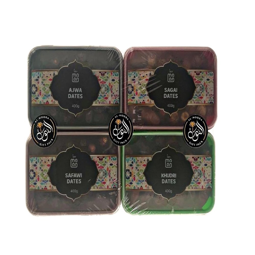 Al Ajwa 400g + Safawi 400g + Sagai 400g + Khudri 400g Premium Dates 4 Pack NOORA Gift Pack