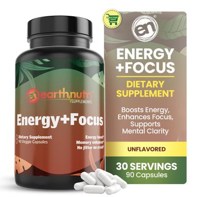 EarthNutri Energy + Focus Supplement - Energy Boost & Brain Focus and Memory with PeakO2, AlphaSize, Cognizin, PurCaf, Theacrine, Acetyl L-Carnitine and L-Tyrosine - 3 Capsules Per Serving