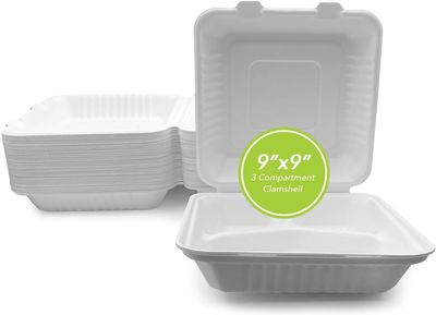 200 Pack 9" X 9" 3 COMPARTMENT BAGASSE CLAMSHELL. Heavy-Duty- Super Strong- Natural- Eco-Friendly Disposable Bagasse Clamshell, 100% Biodegradable 9 inch clamshell