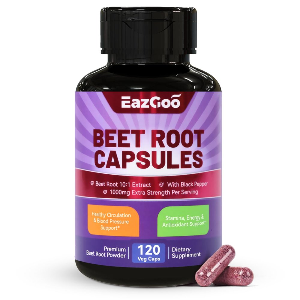 EAZGOO Beet Root Capsules 1000mg Per Serving, Supports Nitric Oxide Production & Blood Pressure, with Black Pepper Extract, Non-GMO, Gluten Free, Vegan - 120 Counts