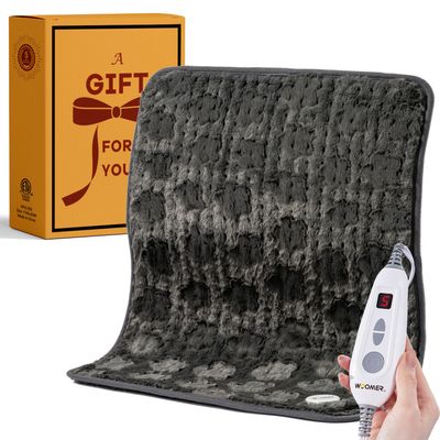 Woomer Faux Fur Electric Heating Pad for Back Pain Relief, Extra Large 20 x 24, Extended Coverage from Neck to Hip, Two-Sided, Moist Mode, ETL Certified, 6 Adjustable Heats & 2H Auto-Off,Grey