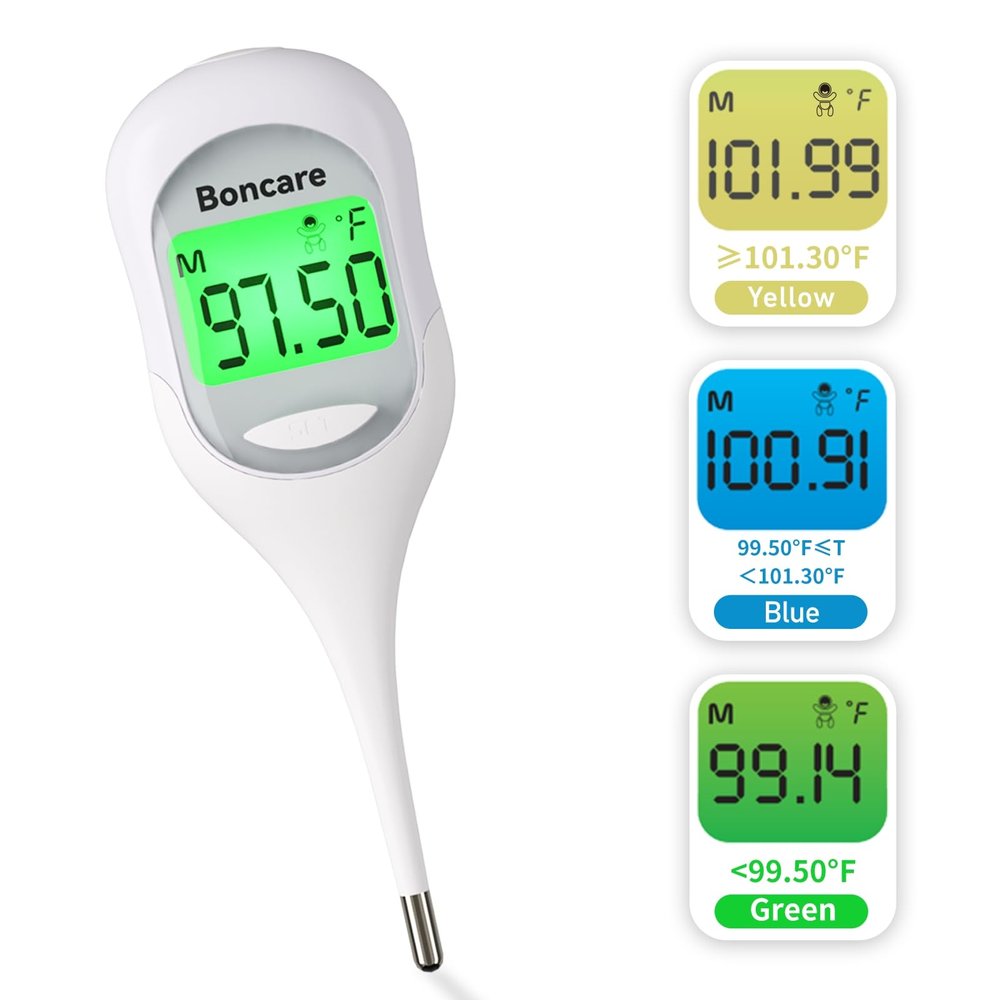 Boncare Basal Thermometer with 9 Seconds Fast Reading, Digital Thermometer for Fever - Accurate Oral & Rectal Thermometer for Adults & Kids, Fever Alarm, Large Display (White)