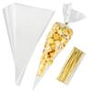 200 Clear Plastic Cone Shaped Treat Bags with Ties, Triangle 7 x 15 Inches, for Popcorn, Cookies, Candy view 1