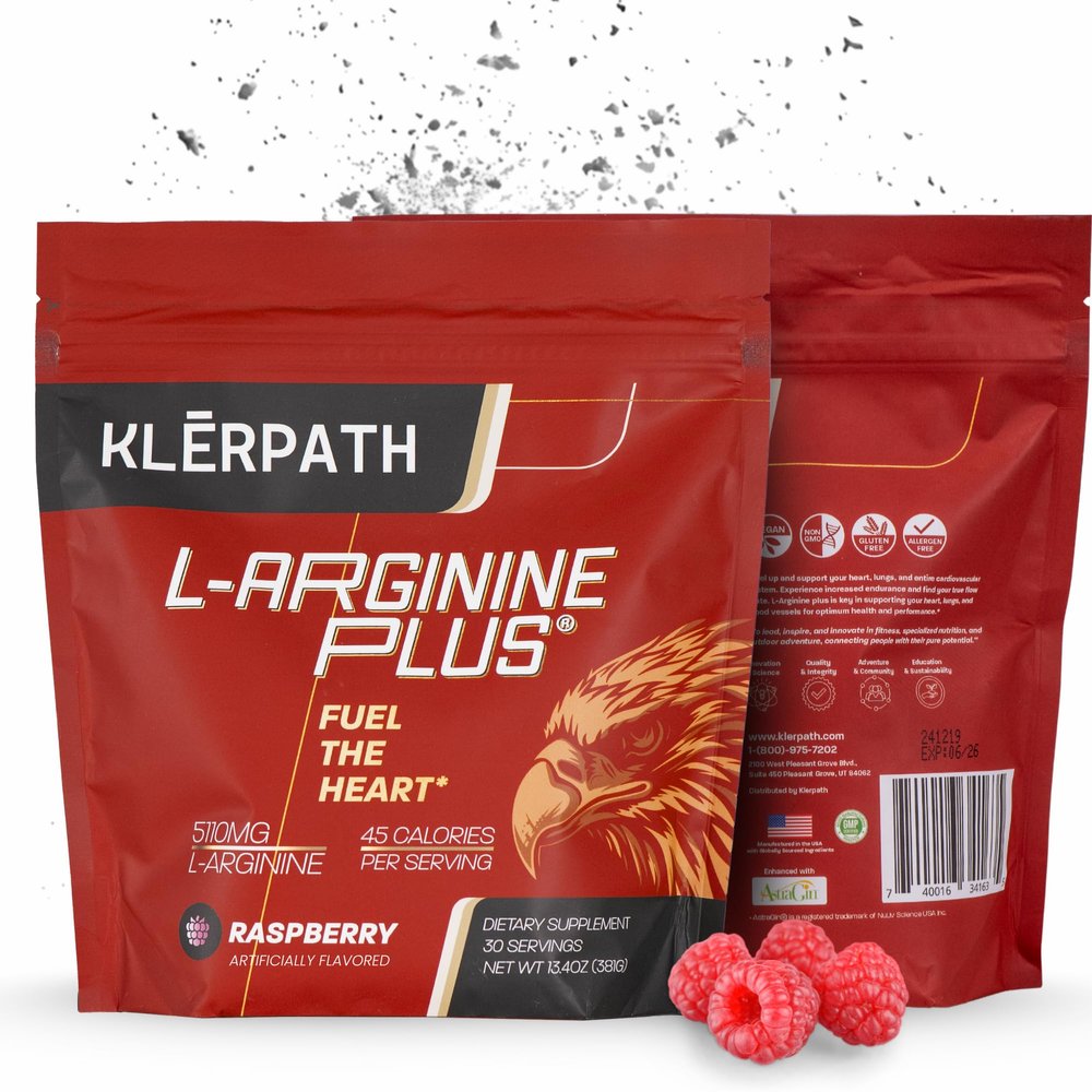 Klerpath L-Arginine Plus Powder with 5110 mg L-Arginine and 1010 mg L-Citrulline - Nitric Oxide Supplement for Blood Flow and Circulation - Raspberry, 30 Servings
