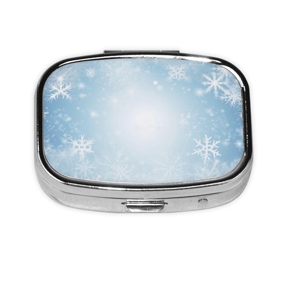 White Snow Print Pill Box 2 Compartment Small Pill Case with Mirror Pill Organizer Portable Medicine Pillbox for Travel Pocket Purse