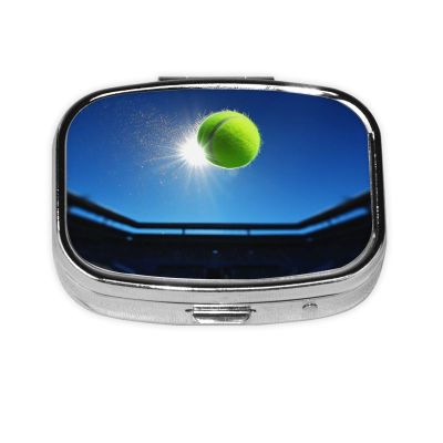 Tennis Ball in The air Print Pill Box 2 Compartment Small Pill Case with Mirror Pill Organizer Portable Medicine Pillbox for Travel Pocket Purse