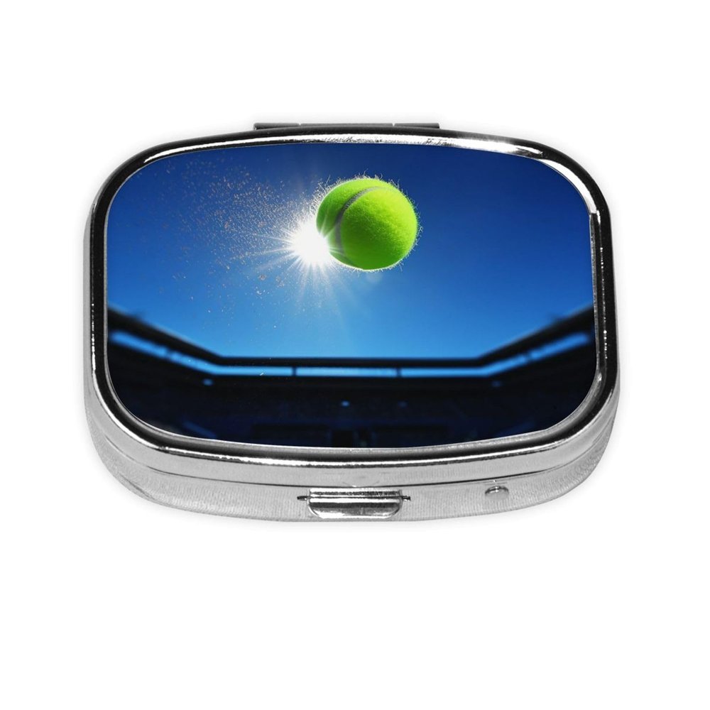Tennis Ball in The air Print Pill Box 2 Compartment Small Pill Case with Mirror Pill Organizer Portable Medicine Pillbox for Travel Pocket Purse