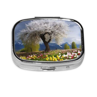 VTCTOASY Tree Flowers Nature Scenery Print Pill Box 2 Compartment Small Pill Case with Mirror Pill Organizer Portable Medicine Pillbox for Travel Pocket Purse, Black