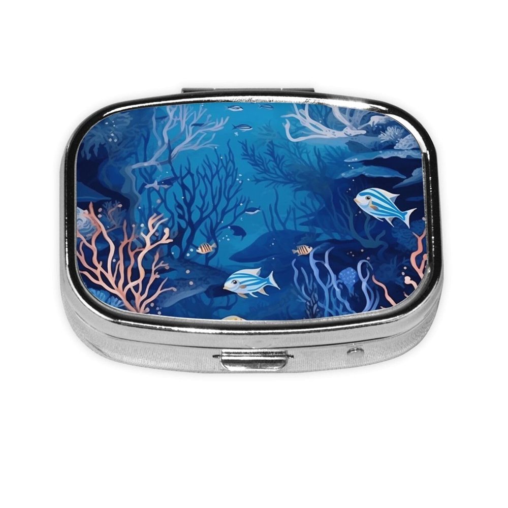 VTCTOASY Underwater Sea Pattern Print Pill Box 2 Compartment Small Pill Case with Mirror Pill Organizer Portable Medicine Pillbox for Travel Pocket Purse, Black