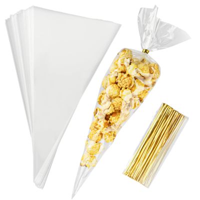 200 Cone Shaped Cellophane Treat Bags - 10 x 5 Inches Triangle with Ties, Clear Plastic with Twist Ties for Popcorn, Cookies, Candy