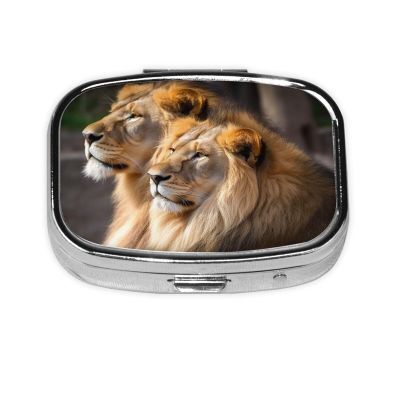 Two Lions Print Pill Box 2 Compartment Small Pill Case with Mirror Pill Organizer Portable Medicine Pillbox for Travel Pocket Purse