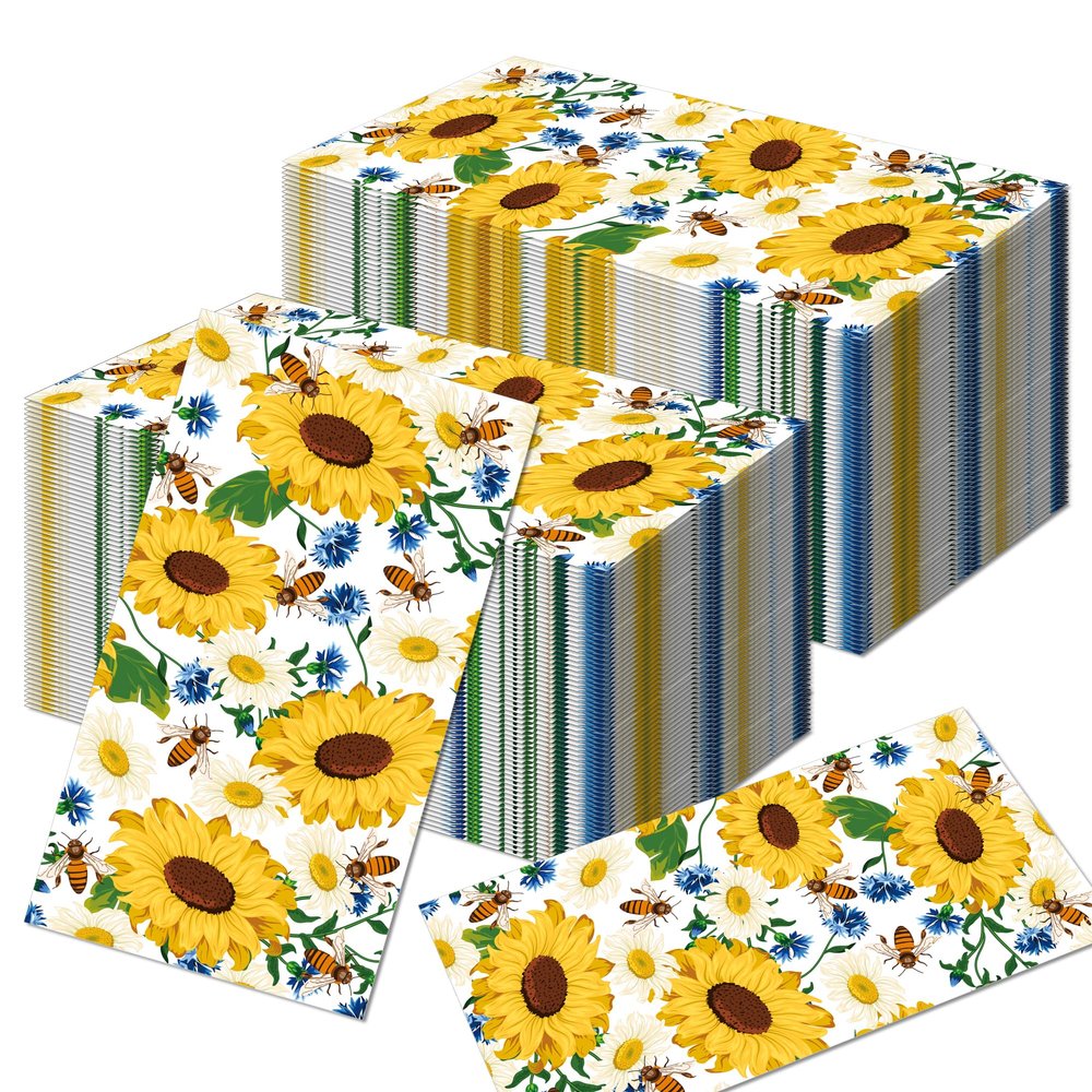 100Pcs Sunflower Napkins Disposable Bee Napkins Guest Hand Towels for Bathroom Disposable Flower Hand Towels Kitchen Birthday Wedding Decorative Party