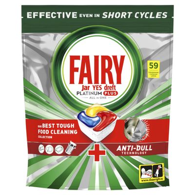 Fairy Platinum Plus 59 Dishwasher Tablets, Lemon, Our Best Cleaning For A Clean Like New, Removes Dullness & Prevents Limescale
