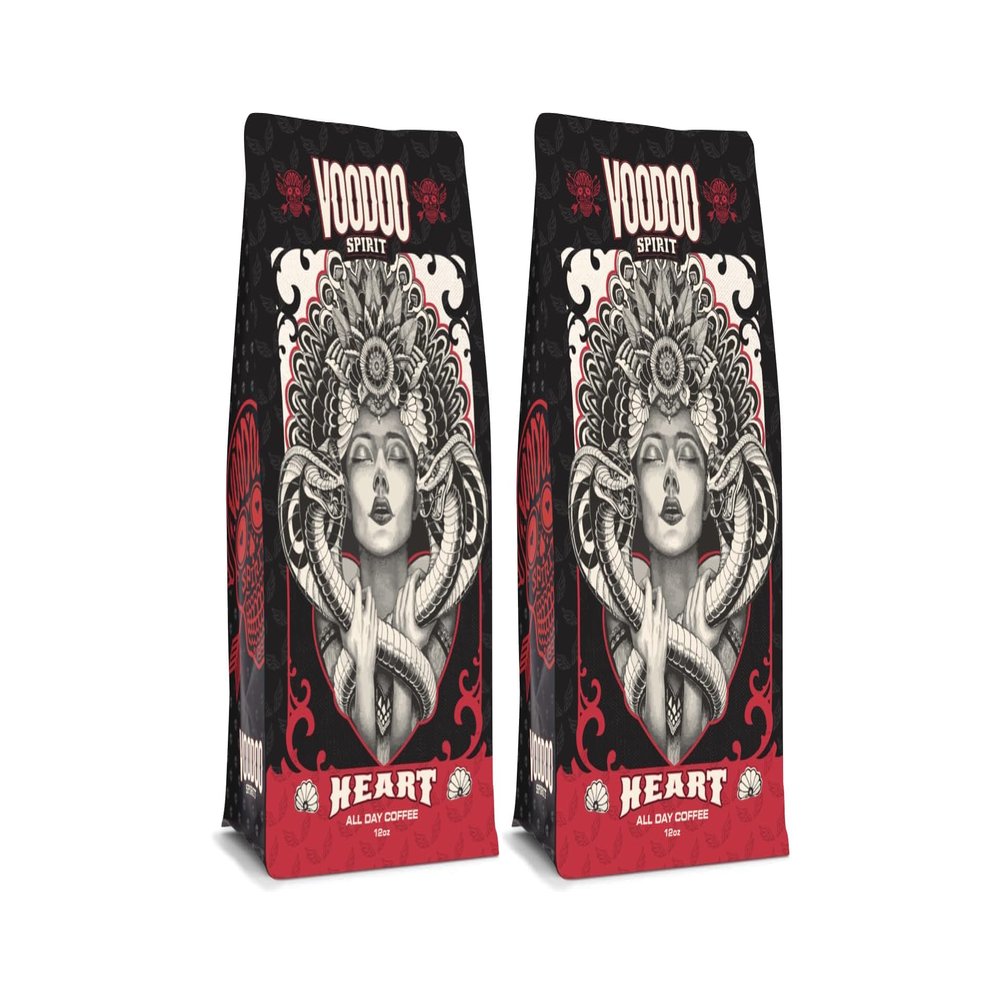 Voodoo Spirit Coffee - Heart All Day Coffee Blend 12oz Whole Bean Resealable Bag - A smooth tasting coffee to savor morning and night. For lovers of all day coffee (Pack of 2)