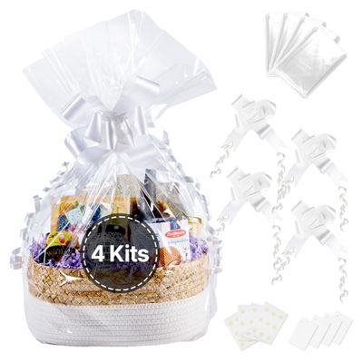 FRILLZ 30"x28" Cellophane Gift Basket Supply Kit, Includes 4 Clear Basket Bags, 4 Easy-pull Bows,4 gift tags and 24 adhesive dots. Create 4 elegant gift baskets with this kit.