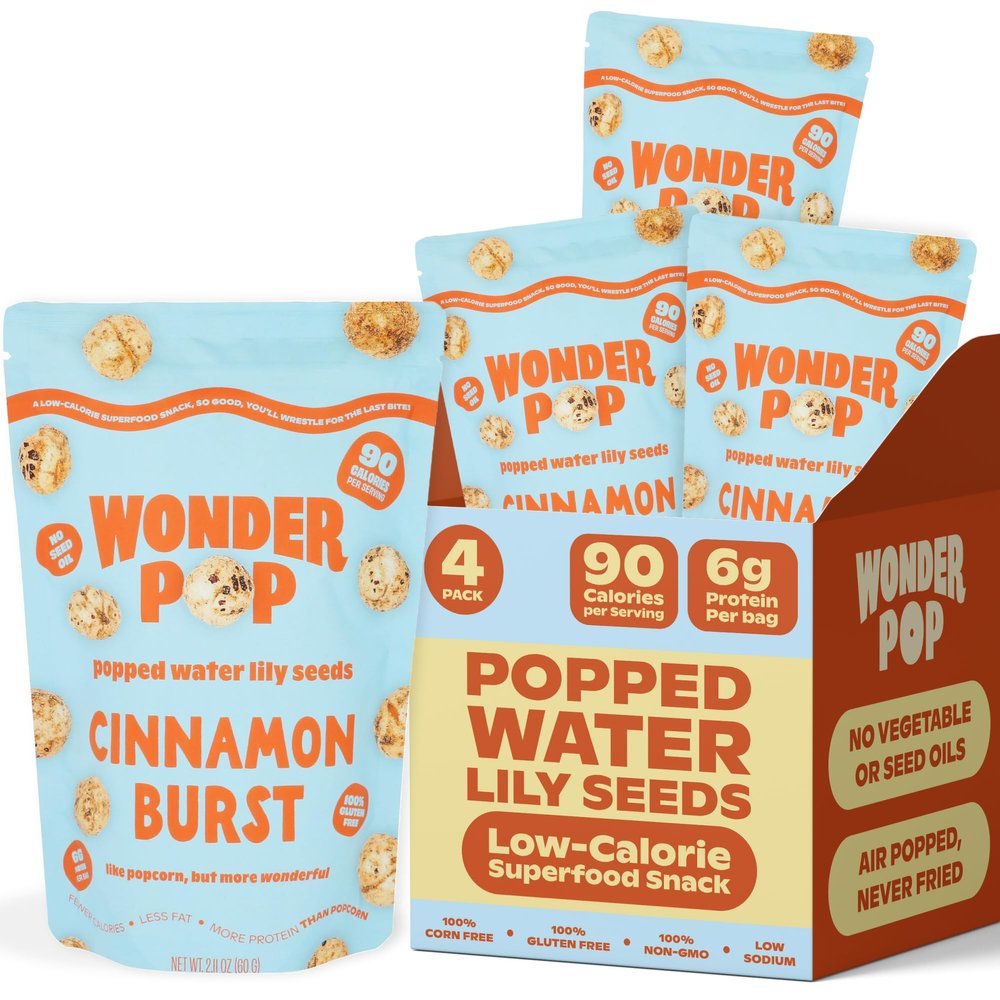WonderPop Cinnamon Burst  Popped Water Lily Seeds (4-Pack) | Sweet Crunch, 90 Calorie, 6g Protein, Gluten-Free, Non-GMO | Healthy Low-Calorie Snack | 2.11oz Bags