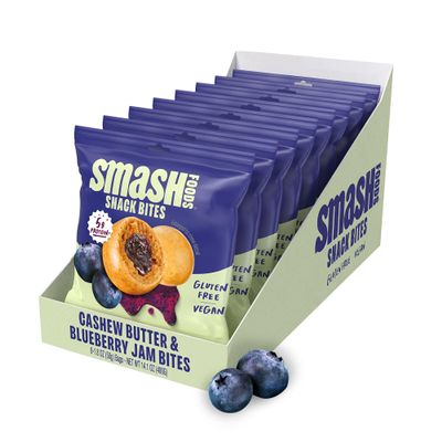 Smash Foods Blueberry Energy Bites | 5 Gluten-Free Vegan Snack Balls with No Sugar Added | 5g Protein, Superfood Jam, Chia Seeds | On-the-Go Convenience | Cashew Butter & Blueberry | 8 Packs