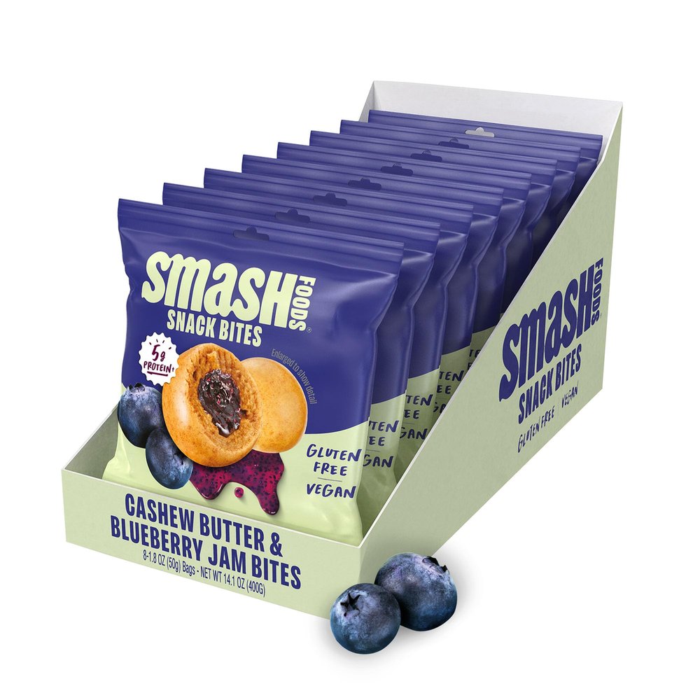 Smash Foods Blueberry Energy Bites | 5 Gluten-Free Vegan Snack Balls with No Sugar Added | 5g Protein, Superfood Jam, Chia Seeds | On-the-Go Convenience | Cashew Butter & Blueberry | 8 Packs