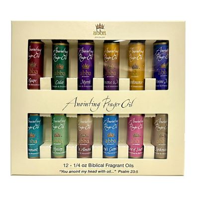 12-Oil Variety Pack 1/4oz Anointing Oils : ABBA JERUSALEM (Agape/Cassia, Cedar, Covenant, Divine Mercy, Fig Almond, Frankincense, Frank/Myrrh, Hyssop, Kings Garments, Myrrh, Rose of Sharon, Spikenard)