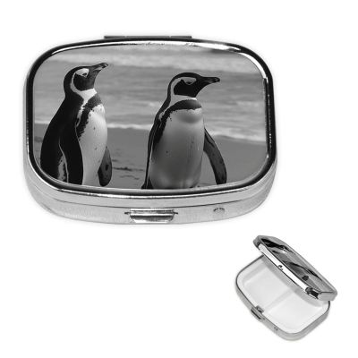 Penguin Standing on The Beach Pill Box Small Metal Pill Case for Purse & Pocket 2 Compartment Pill Organizer with Mirror Travel Pillbox Medicine Case Portable Pill Container Unique Gift